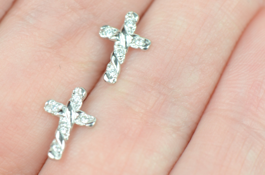 CZ Diamond Cross Stud Earrings, Cross Earrings Screw Back , 14K Yellow/White Gold