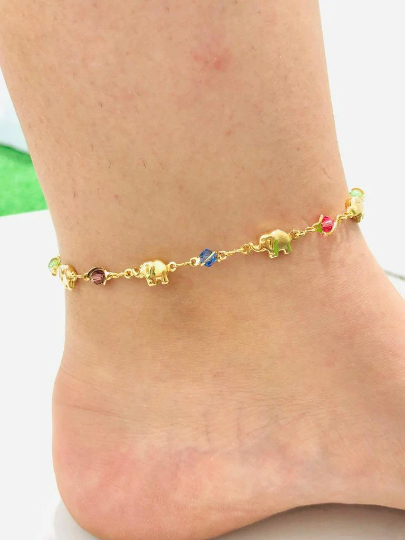 Elephant Multi Color Anklet Bracelet 10" in Gold Filled/ Elephant Bracelet for Foot / Womens Body Jewelry / Womens Jewelry / Pulsera de Pie