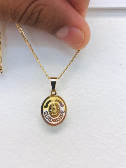 14k Gold Filled Virgen de Guadalupe Necklace / Mariner Link Chain Necklace 18” / Set Necklace & Pendant 20x14mm / Cadena y Dije de la Virgen de Guadalupe en Oro Laminado Para Mujer