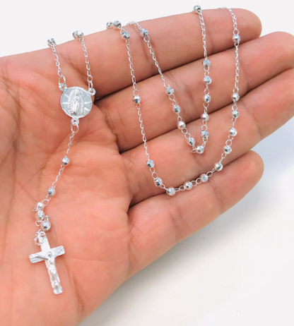 925 Sterling Silver Virgen de Guadalupe Rosary 20" Our Lady of Guadalupe Rosary 3mm beads Womens Necklace Jewelry / Rosario de la Guadalupe en Plata