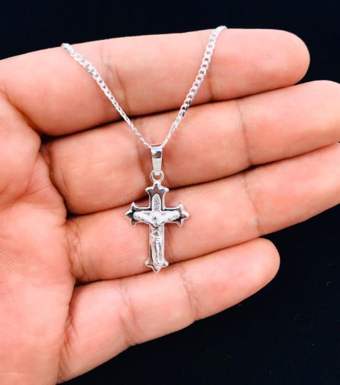 925 Sterling Silver Women Mens Small Cross Necklace 20” Cuban link Chain