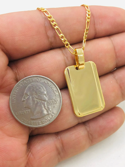 14K Gold Filled ID Tag Military Necklace/ Womens Necklace with Personalization/ Hanging Figaro Necklace 20"/ Personalization Dog Tag Pendant