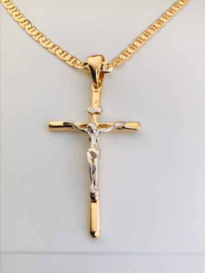 14K Gold Filled Big Cross Necklace Pendant Two Tone 48x28mm / Mens Cross Necklace / Cadena y Dije de Cruz