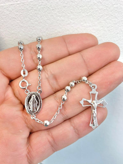 Virgen de Guadalupe Rosary Jesus Necklace 925 Sterling Silver 18" 3.2mm 5.5g