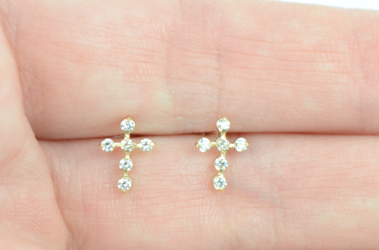 Diamond Cross Stud Earrings 14K Yellow/White Gold CZ Cross Earrings Screw Back