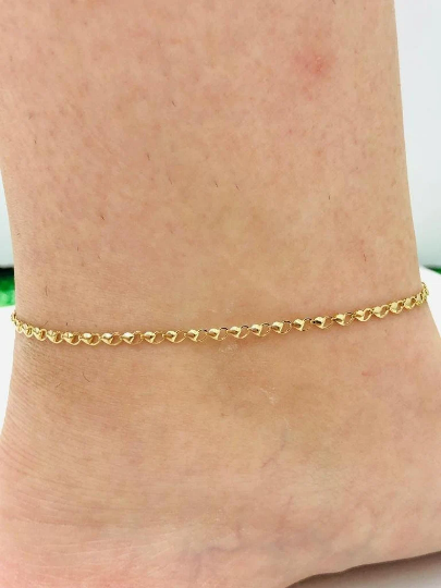 Heart Anklet Bracelet for Womens Ladies 10"/ Bracelet for Foot/ Heart Bracelet for Everyday/ 14K Yellow Gold Anklet Bracelet/ Pulsera de Pie