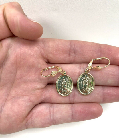 14K Gold Filled Virgen de Guadalupe Dangling Earrings Lever Back Womens Girls