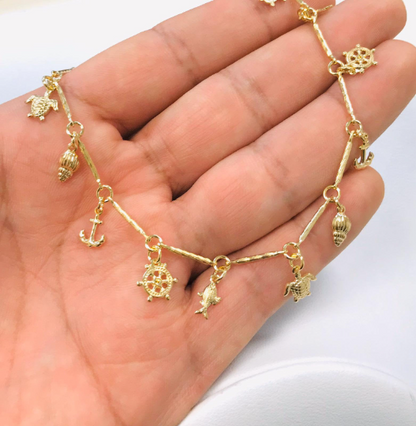 14K Gold Filled Anklet With Sea Charms 10” Plus Extension / Anchor Charms / Anklets / Bracelet / Tobillera de Pie Para Mujer / Pulsera de Pie en Oro Laminado