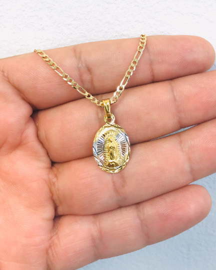 Virgen de Guadalupe Diamond Cut Necklace, 14K Gold Filled Tri Color Guadalupe Pendant 20x13mm for Womens Mens / Cadena con Dije de la Guadalupe / Guadalupe Jewelry with Figaro Chain