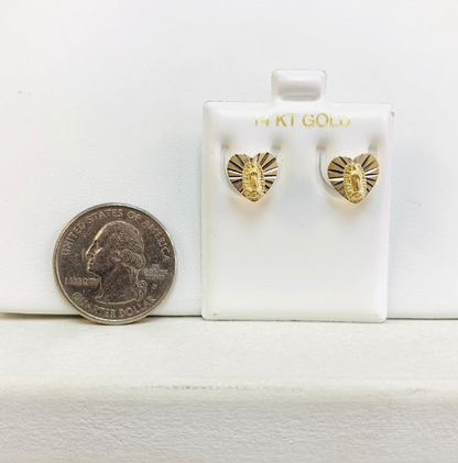 14K Yellow Gold Heart Virgen de Guadalupe Baby Kids Earrings Screw Back 9x9mm