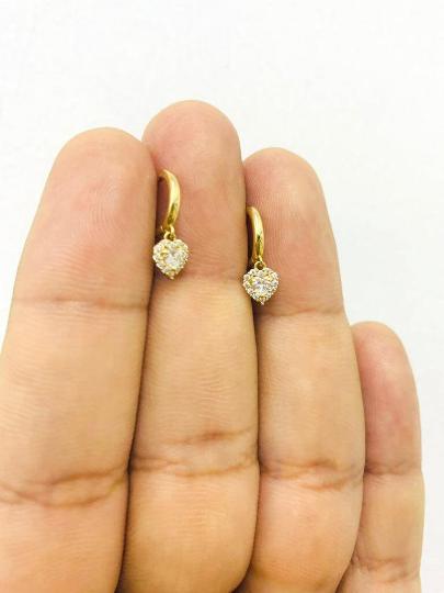 14K Yellow Gold CZ Drop Dangle Huggies Hoop Earrings Heart Earrings for Womens