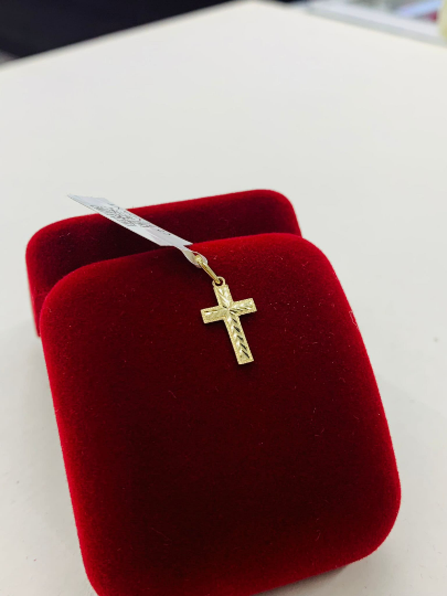 14K Yellow Gold Cross Pendant Diamond Cut for Womens Charm Cross 15x9 Dije de Cruz