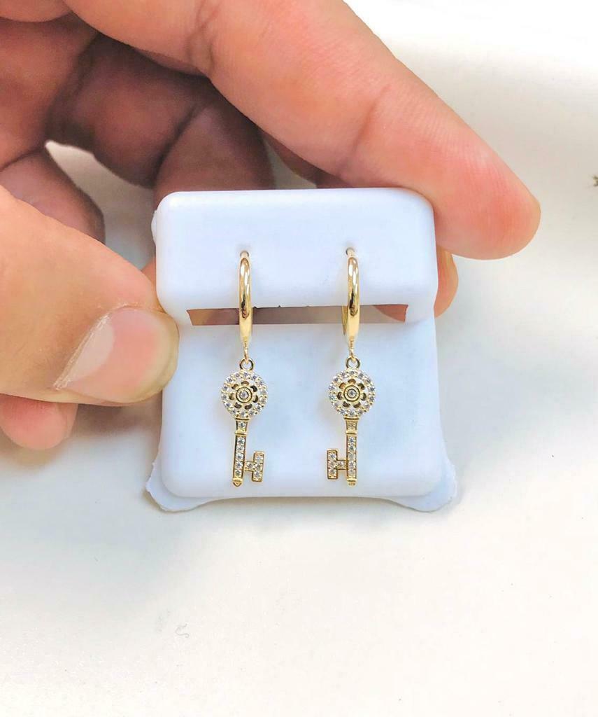 14k Yellow Gold Lock & Key CZ Dangle Drop Earrings 28x18mm