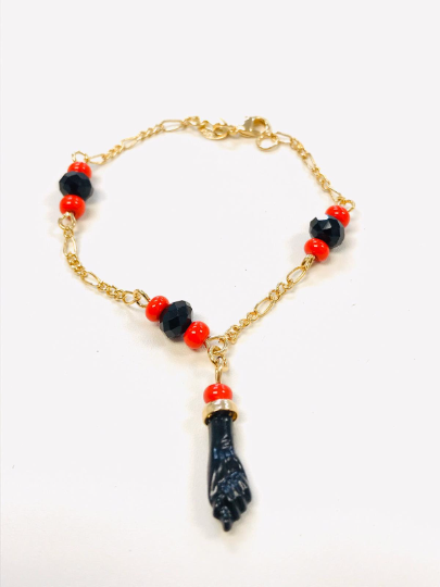 18K Gold Filled Azabache Bracelet Figaro Link 6" Inches / Kids Bracelet / Childrens Jewelry / Pulsera Azabache Para Ninos en Oro Laminado