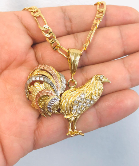 18K Gold Filled Chicken Rooster Necklace 24” Figaro Chain 33x45mm / Chicken Rooster Pendant Jewelry For Mens / Cadena y Dije de Gallo en OroHombre