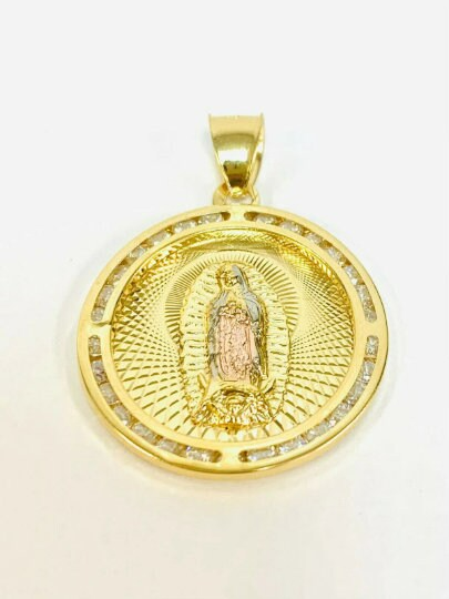 14K Gold Filled Tri Color Virgen de Guadalupe Necklace 28x25 Figaro Chain for Womens