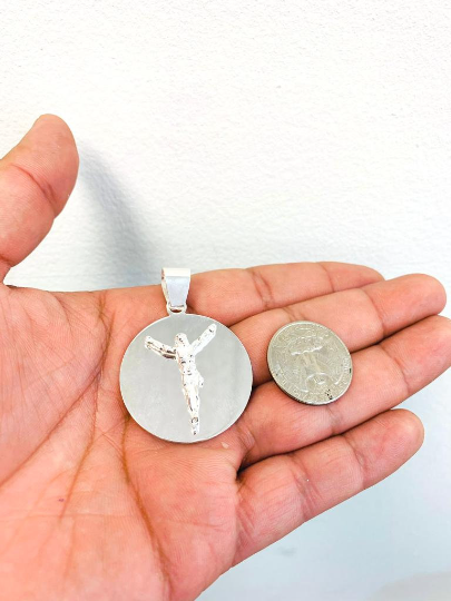 925 Sterling Silver Jesus Christ Round Pendant Medal 1.5"x1.3" 15g