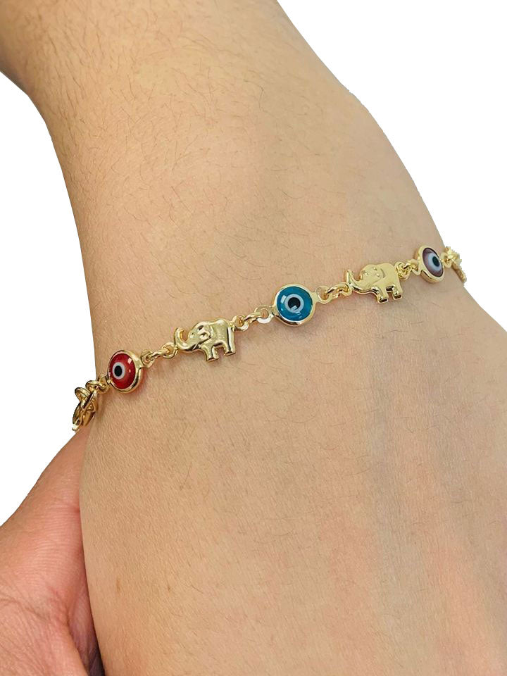 Evil Eye Women's Bracelet 14K Gold Filled / Elephant Bracelet / Evil Eye Bracelet 7.5" / Pulsera Para Mujer Mal de Ojo / Pulsera de Elefante en Oro Laminado / Evil Eye Jewelry / Animals Bracelet