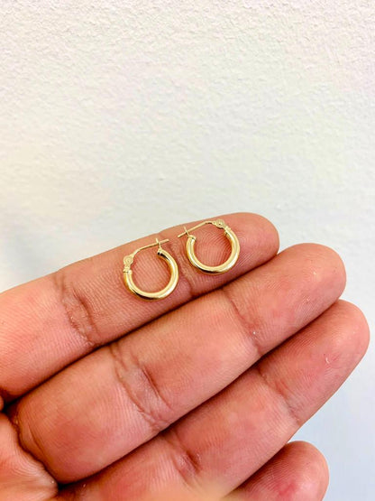 14K Yellow Gold Hoop Earrings 12x12mm 2mm / 14K Gold Earrings For Girls Children / Aretes Argollas para Niña de Oro Real 14k