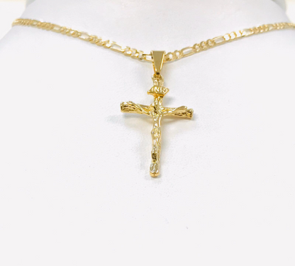 14K Gold Filled Cross Necklace 20” Figaro Link For Men Women 33x18mm / Cadena Figaro Link Y Dije de Cruz Para Hombre / Crucifix Necklace / Figaro Chain