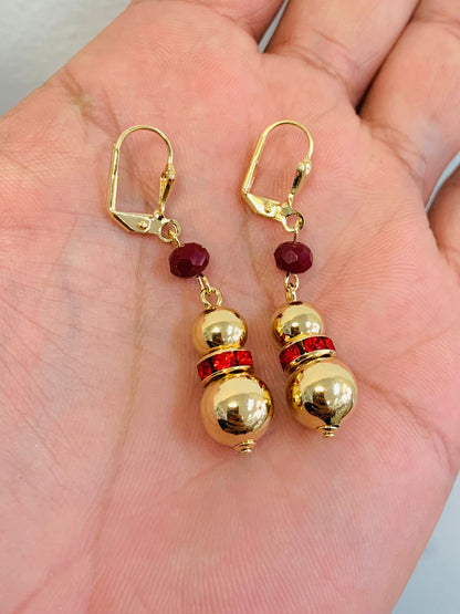 Gold Filled Dangle Ball Lever Back Earrings / Red Stones Earrings / Everyday Earrings for Womens / CZ Dangling Earrings / Aretes Colgantes de Oro Laminado