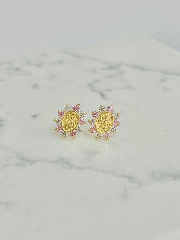 Pink Stone Guadalupe Earrings ● Virgen de Guadalupe Earrings 9x8mm ● Screw Back Earrings ● 10K Yellow Gold