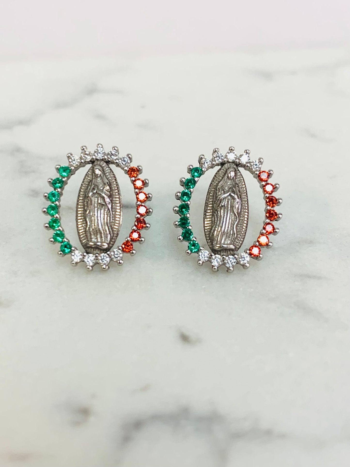 CZ Silver Guadalupe Stud Earrings / Mexican Flag Guadalupe Earrings For Womens/ Aretes de Guadalupe