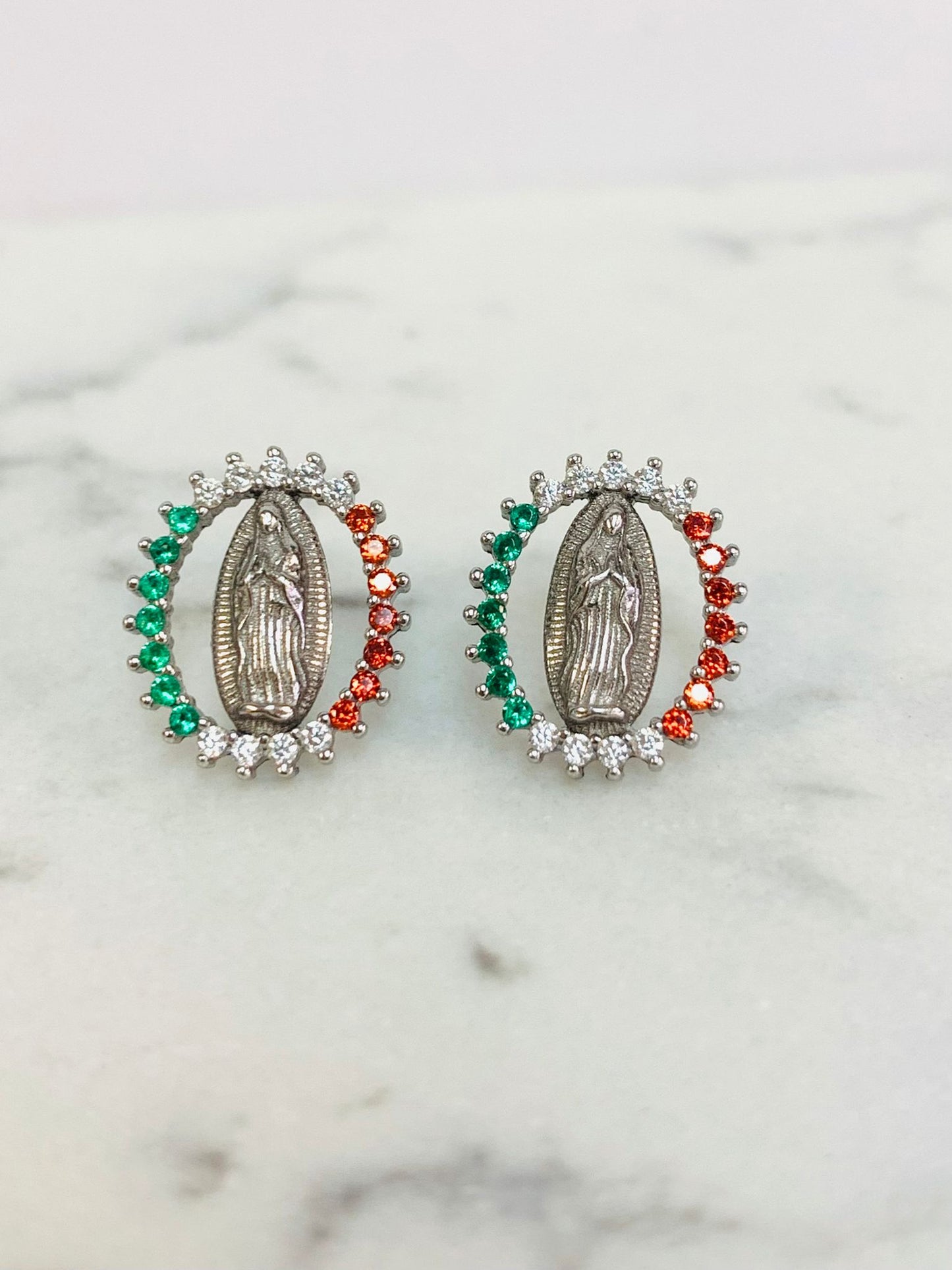 CZ Silver Guadalupe Stud Earrings / Mexican Flag Guadalupe Earrings For Womens/ Aretes de Guadalupe