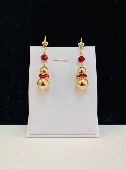 Gold Filled Dangle Ball Lever Back Earrings / Red Stones Earrings / Everyday Earrings for Womens / CZ Dangling Earrings / Aretes Colgantes de Oro Laminado