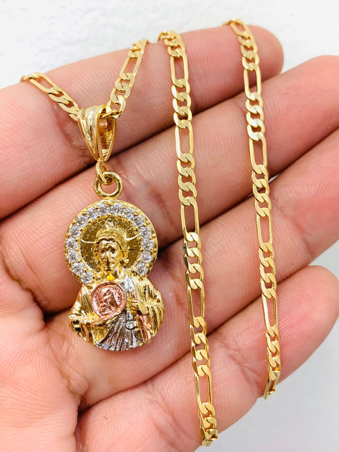 CZ Tri Color San Judas Necklace Pendan Figaro Link Chain 22" For Womens / Cadena Dije San Judas