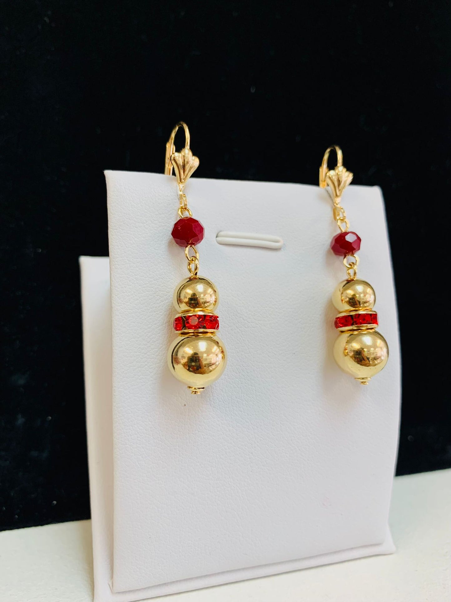 Gold Filled Dangle Ball Lever Back Earrings / Red Stones Earrings / Everyday Earrings for Womens / CZ Dangling Earrings / Aretes Colgantes de Oro Laminado