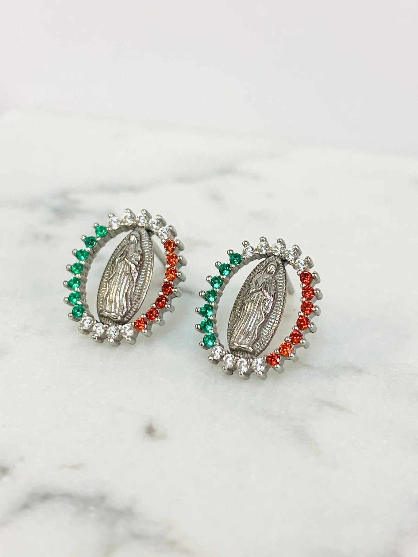 CZ Silver Guadalupe Stud Earrings / Mexican Flag Guadalupe Earrings For Womens/ Aretes de Guadalupe