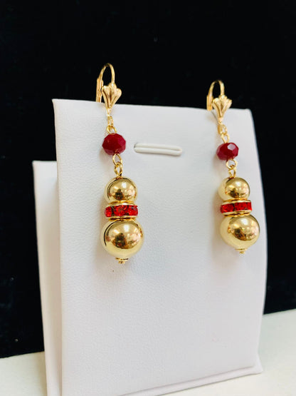 Gold Filled Dangle Ball Lever Back Earrings / Red Stones Earrings / Everyday Earrings for Womens / CZ Dangling Earrings / Aretes Colgantes de Oro Laminado