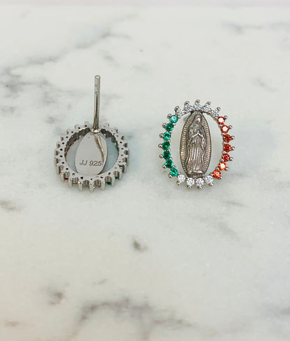 CZ Silver Guadalupe Stud Earrings / Mexican Flag Guadalupe Earrings For Womens/ Aretes de Guadalupe