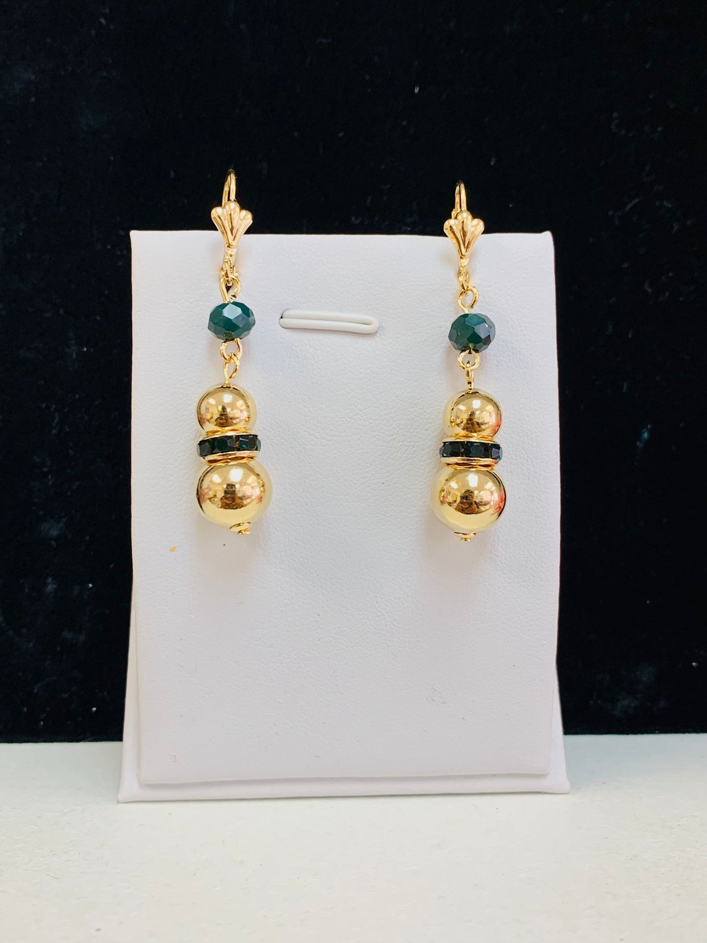 Green Gold Dangle Ball Lever Back Earrings / 14K Gold Filled Earrings for Womens Lever Back/ Womens Ball Dangle Earrings / Aretes Colgantes de Piedras Verde