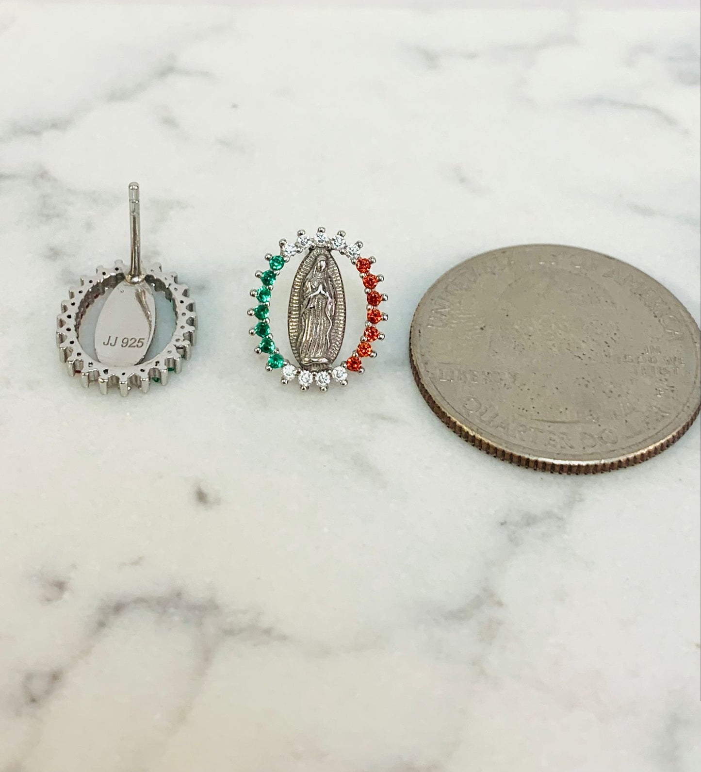 CZ Silver Guadalupe Stud Earrings / Mexican Flag Guadalupe Earrings For Womens/ Aretes de Guadalupe