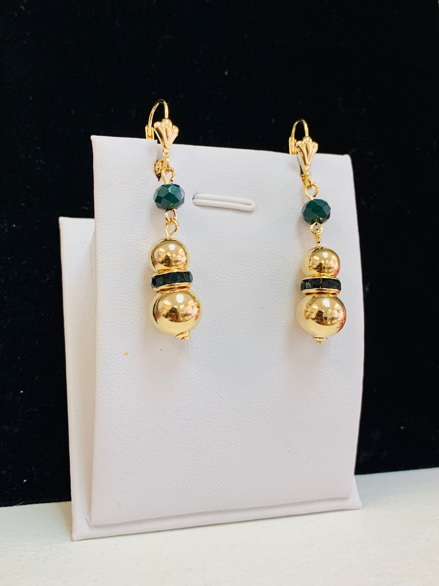 Green Gold Dangle Ball Lever Back Earrings / 14K Gold Filled Earrings for Womens Lever Back/ Womens Ball Dangle Earrings / Aretes Colgantes de Piedras Verde