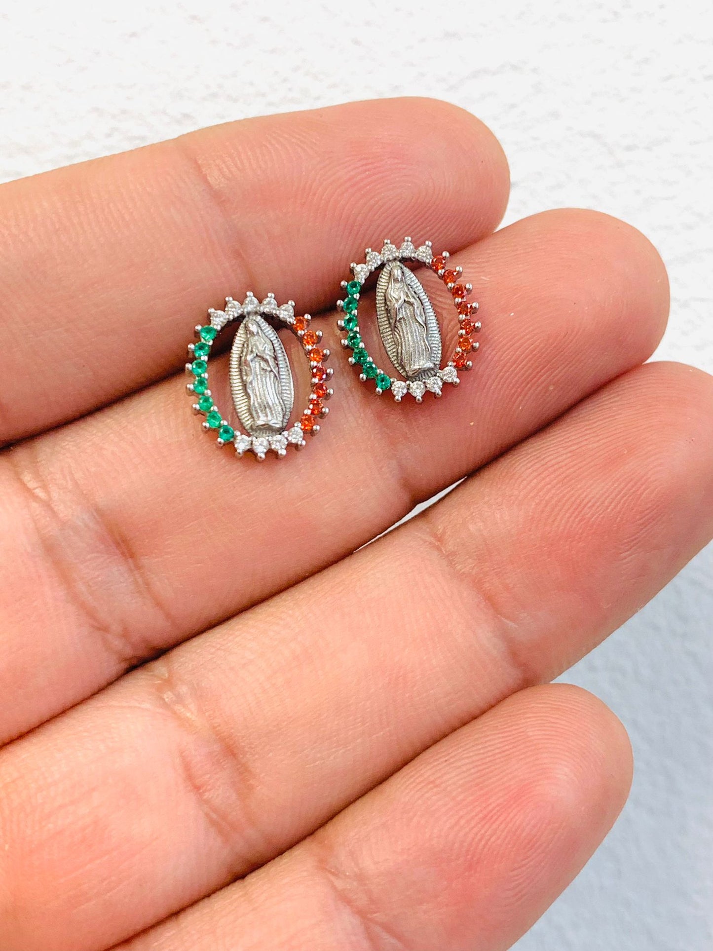 CZ Silver Guadalupe Stud Earrings / Mexican Flag Guadalupe Earrings For Womens/ Aretes de Guadalupe