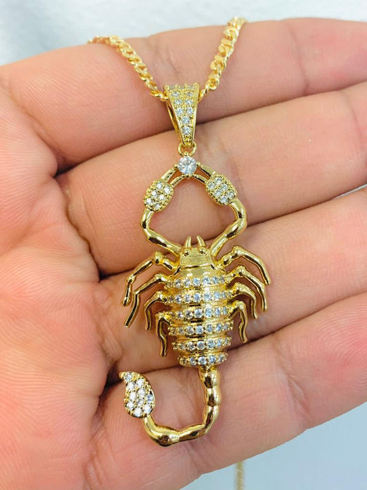 18K Gold Filled CZ Scorpion Necklace Cuban Link Chain 20" For Mens