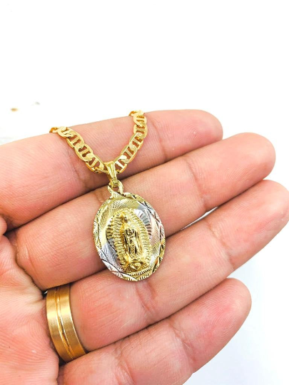 14K Gold Filled Virgen de Guadalupe Tri-Color Necklace Pendant 20" 20x13mm / Cadena y Dije de la Virgen de Guadalupe / Everyday Necklace / Dainty Guadalupe Pendant