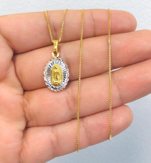 18K Gold Filled Diamond Cut Guadalupe Necklace Box Link 20x13mm 20"  / Cadena y Dije de Guadalupe