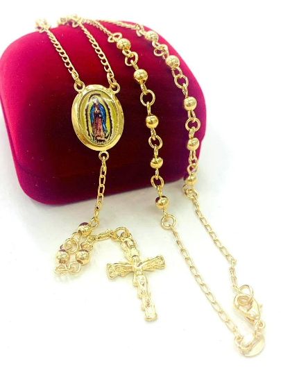 Rosario de la Virgen de Guadalupe 14K Gold Filled Rosary Necklace Cross Pendant