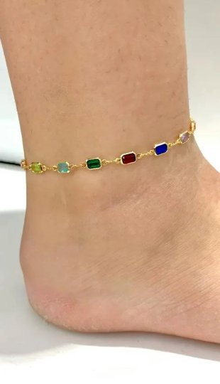 CZ Multi Color Anklet Bracelet 10" for Womens Bracelet for Foot Everyday Jewelry Gold Bracelet Stones Pulsera de Pie para Mujer Oro Laminado