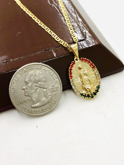 Virgen de Guadalupe Necklace for Womens CZ Mexican Flag Stones 25x15m/ Guadalupe Jewelry / Cadena de la Guadalupe en Oro Laminado Mujer