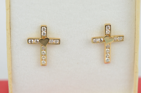 Cross Earrings Screw Back Heart CZ Stud Earrings in 14K Yellow and White Gold / Aretes de Cruz con Corazón Oro Real para Mujer / Womens Heart Earrings / Gold Stud Earrings