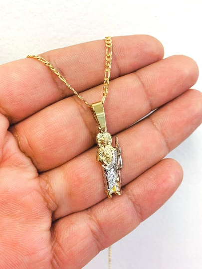 San Judas Tri Color Necklace Pendant Gold Filled / Figaro Link Chain Necklace / Everyday Necklace / Saint Jude Necklace for Womens 20" / Caddena y Dije de San Judas