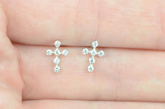 Diamond Cross Stud Earrings 14K Yellow/White Gold CZ Cross Earrings Screw Back