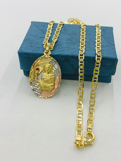 Womens Mens Dainty CZ Santa Barbara Necklace Pendant in Gold Filled / St Barbara Pendant Charm 33x22mm / Mariner Link Anchor Chain Necklace