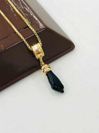 14K Yellow Gold Filled Black Azabache Hand Necklace with Box Chain 20" for Women's / Protection Jewelry/ Dainty Necklace/ Cadena de Azabache