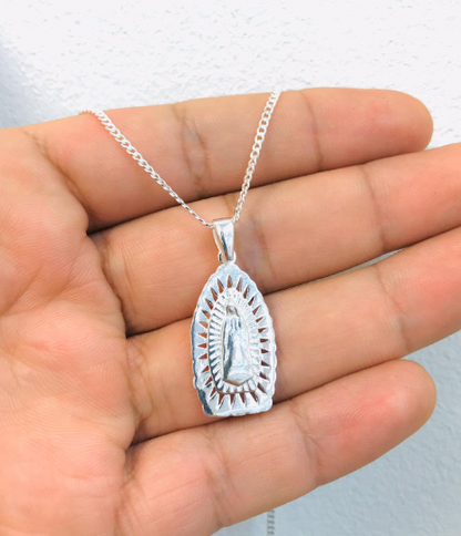 Virgen de Guadalupe Necklace 18” Sterling Silver For Women 28x13mm / Diamond Cut Guadalupe Necklaces / Cadena y Dije de la Guadalupe Plata Pura